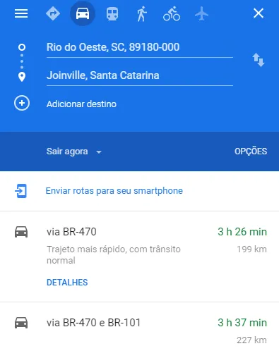 Rota do Google Maps de Rio do Oeste até Joinville: 3 horas e 26 minutos, 199 quilômetros pela BR-470